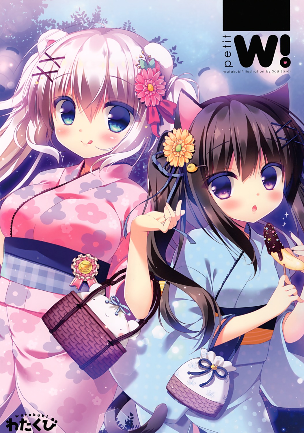 animal_ears kuro_(sasai_saji) momo_(sasai_saji) nekomimi sasai_saji tail watakubi yukata