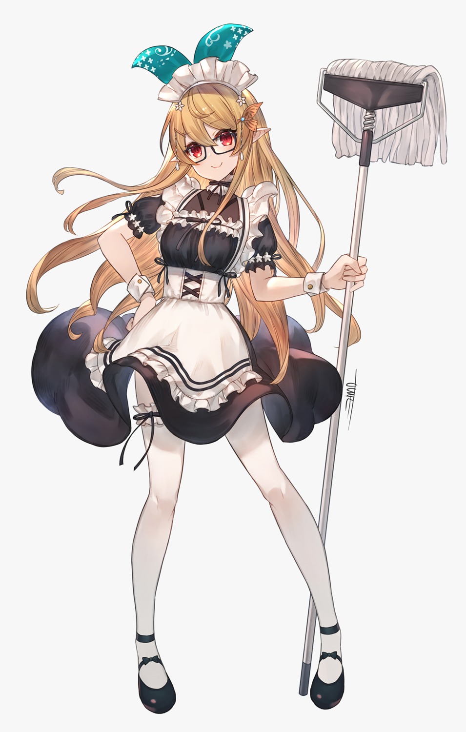 garter jun_wei maid megane nijisanji nijisanji_en pantyhose pointy_ears pomu_rainpuff skirt_lift