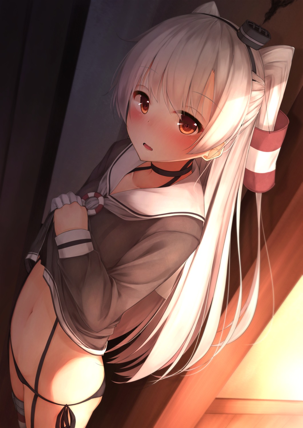 amatsukaze_(kancolle) kantai_collection loli pantsu rerrere shirt_lift stockings string_panties thighhighs