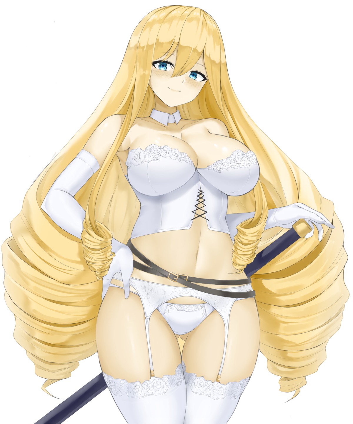 charlotte_(last_origin) corset garter_belt goma. last_origin lingerie no_bra pantsu stockings sword thighhighs