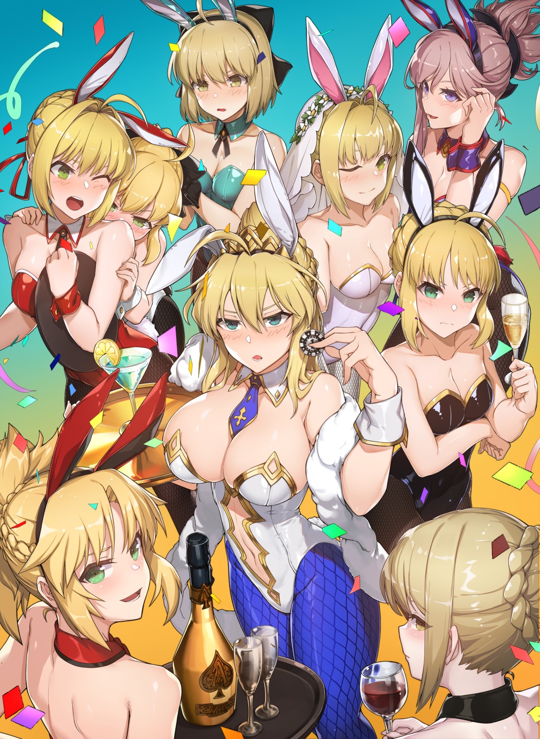 animal_ears artoria_pendragon_(lancer) breast_hold bunny_ears bunny_girl cleavage fate/apocrypha fate/extra fate/grand_order fate/stay_night fate/unlimited_codes fishnets miyamoto_musashi_(fate/grand_order) mordred_(fate) no_bra okita_souji_(alter)_(fate) okita_souji_(fate) pantyhose peachpa saber saber_alter saber_extra saber_lily tail yuri
