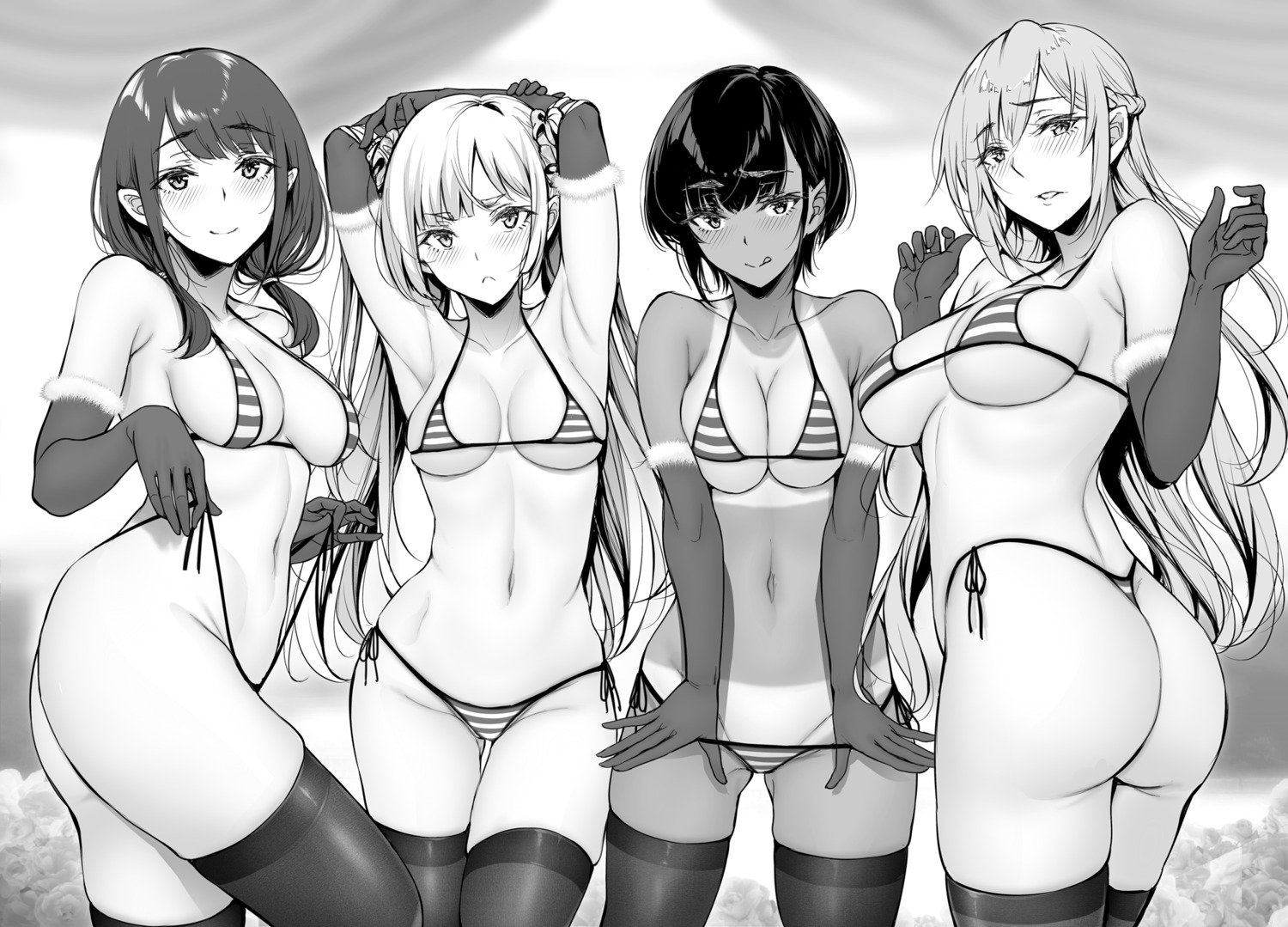ass bikini breast_hold gentsuki monochrome panty_pull swimsuits tan_lines thighhighs thong undressing
