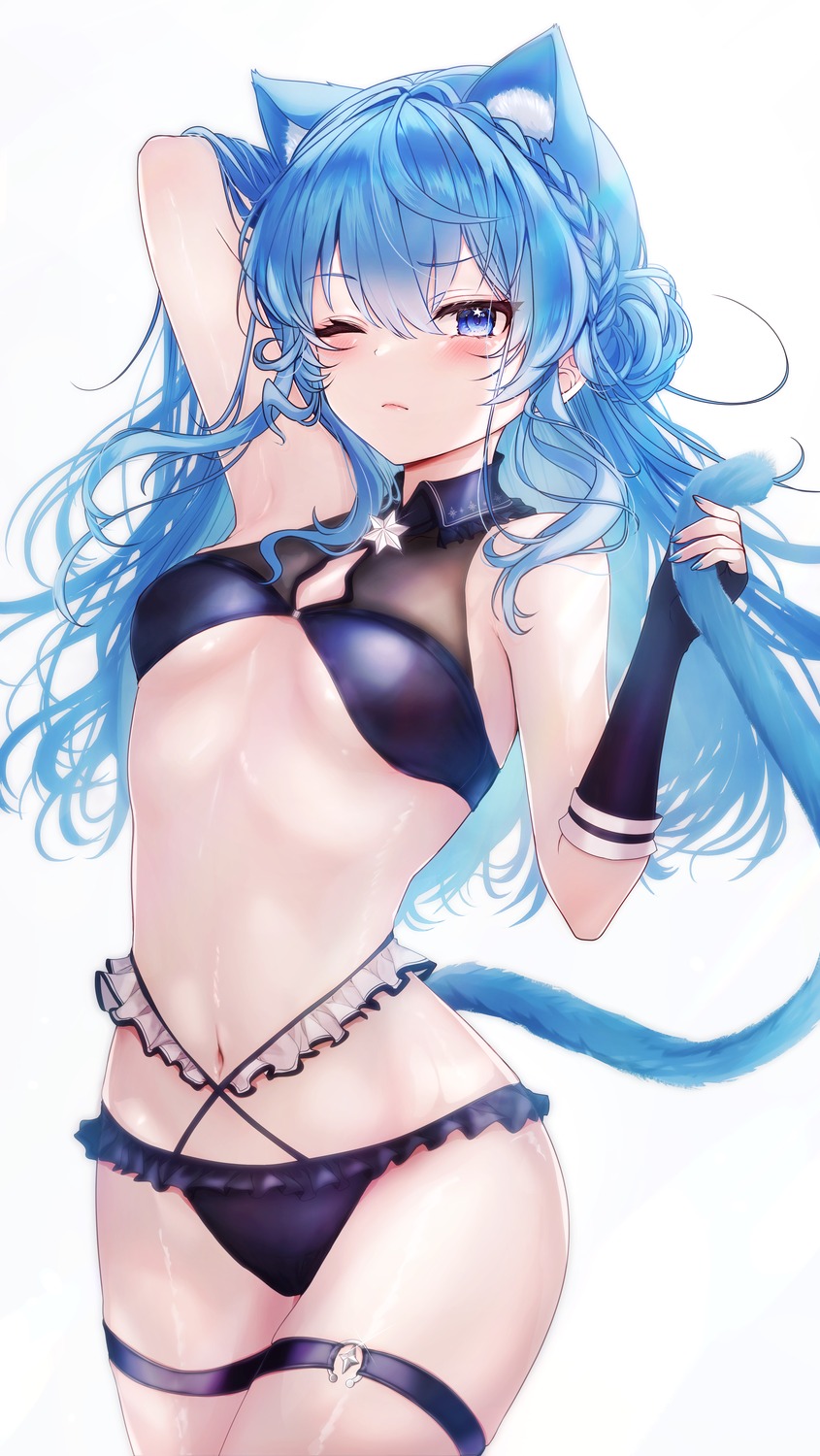 animal_ears garter hololive hoshimachi_suisei nekomimi no_bra pantsu see_through yu_lei