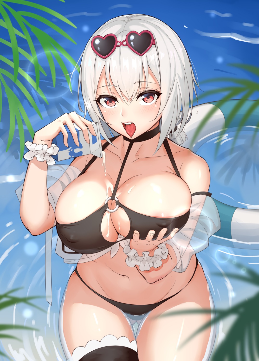 areola azur_lane bikini breast_hold cream erect_nipples hongye_feixue megane open_shirt see_through sirius_(azur_lane) swimsuits thighhighs wet