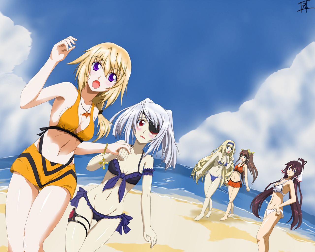 ani_(moe_road) bikini cecilia_alcott charlotte_dunois cleavage eyepatch huang_lingyin infinite_stratos laura_bodewig shinonono_houki swimsuits wallpaper