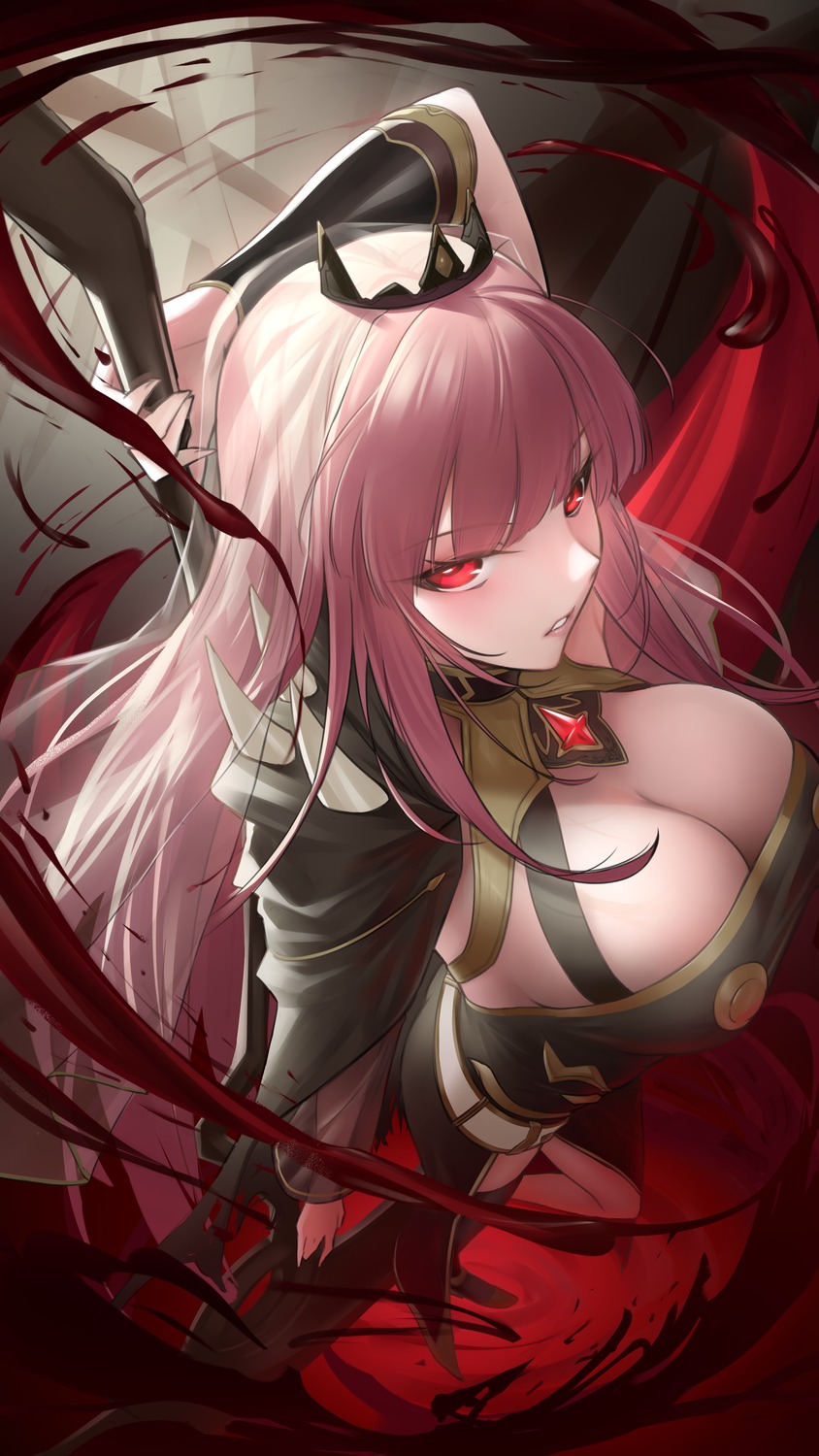 blood hololive hololive_english mori_calliope no_bra somebody_(leiking00) thighhighs weapon