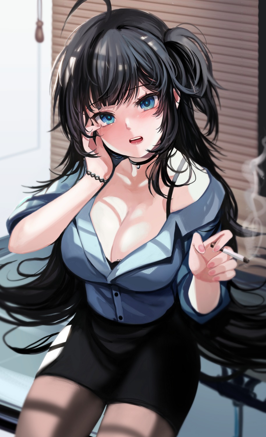 bra cleavage dress_shirt open_shirt pantyhose smoking zerocat