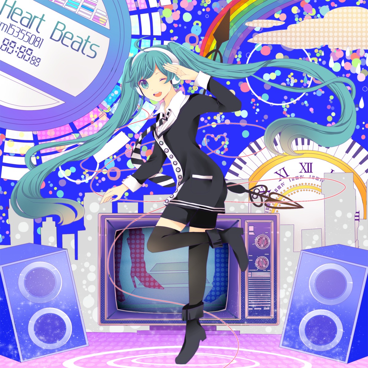 hatsune_miku headphones komine thighhighs vocaloid