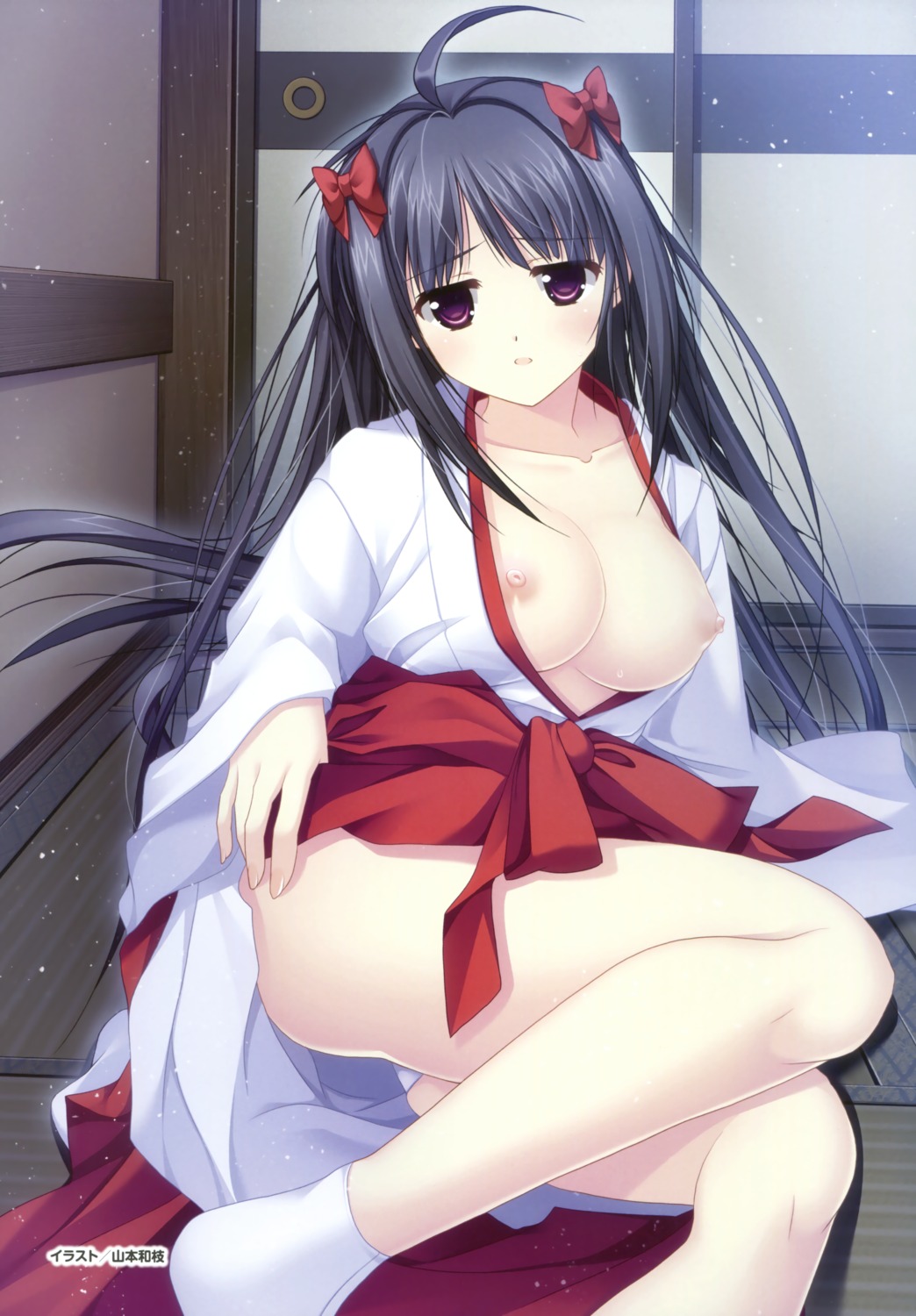 breasts debonosu miko nipples no_bra open_shirt pantsu yamamoto_kazue