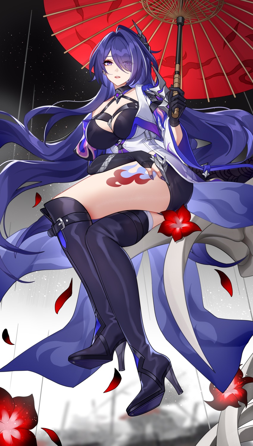 acheron bandages garter heels honkai:_star_rail tattoo thighhighs umbrella wu_ganlan_cai