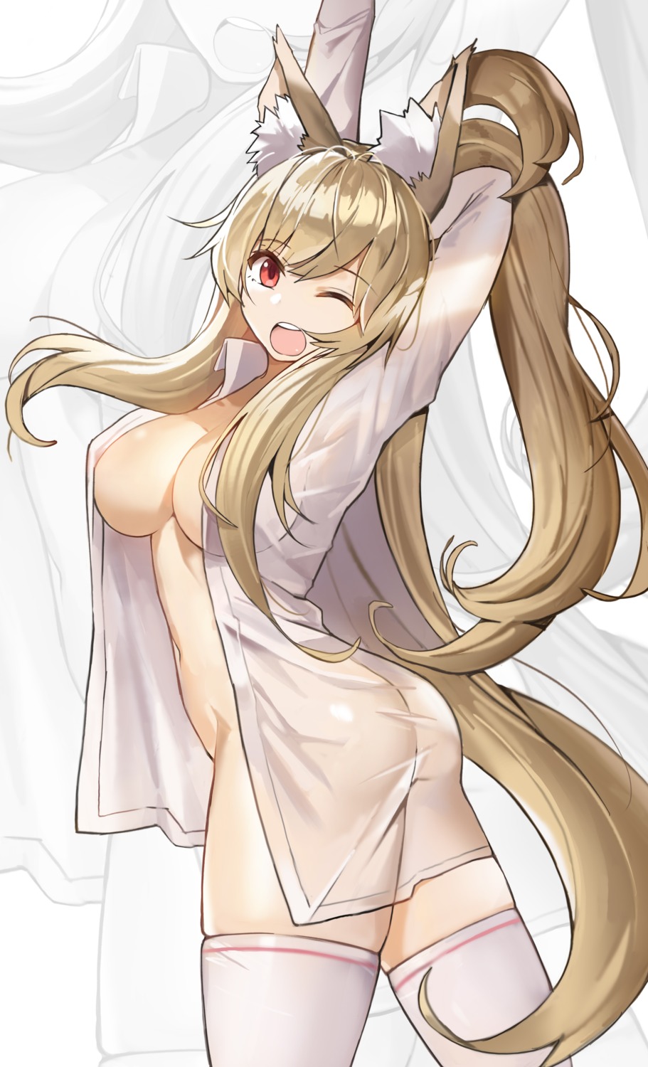 animal_ears ass bottomless dress_shirt no_bra open_shirt see_through suou-sensei thighhighs