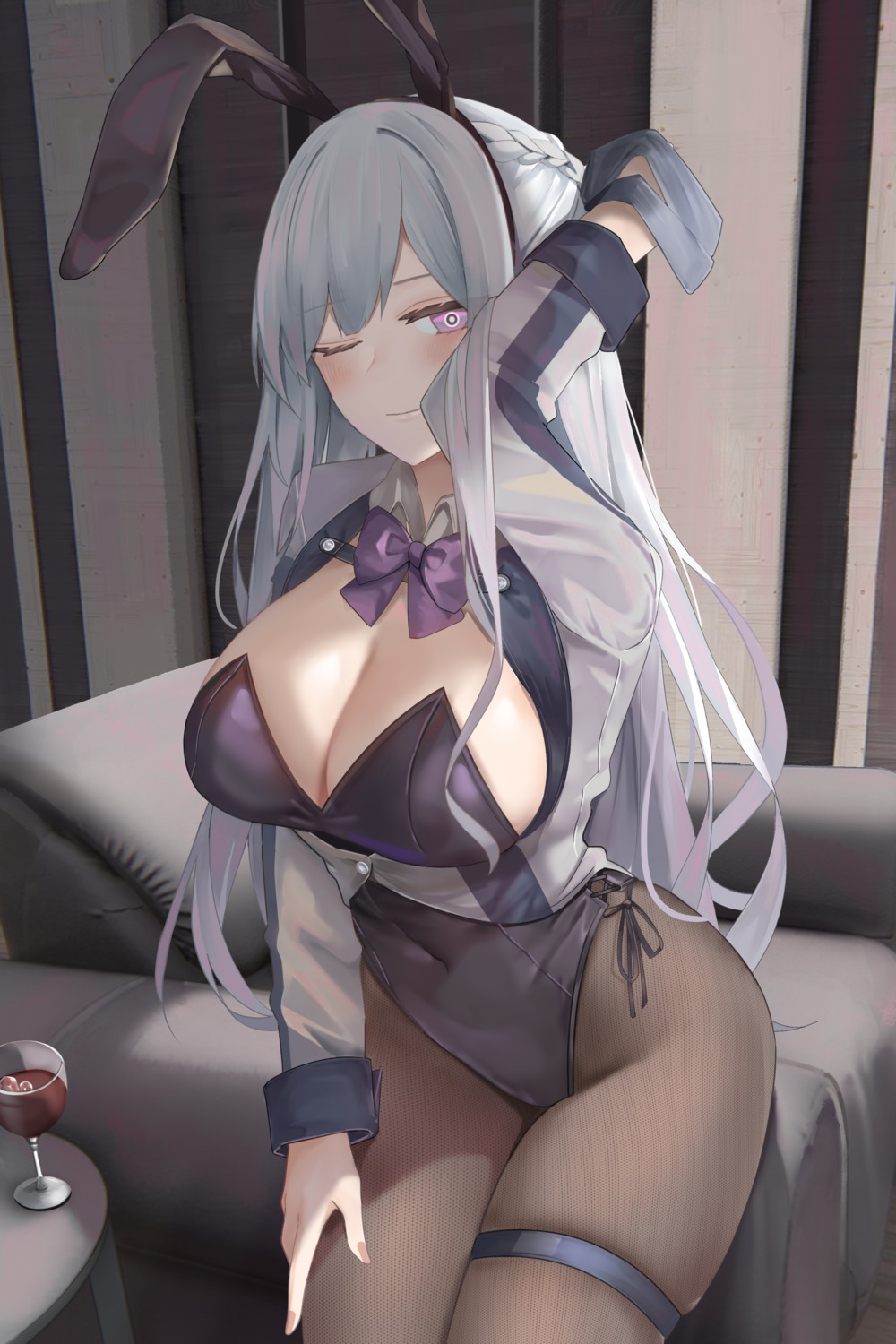 ak-12_(girls_frontline) animal_ears bunny_ears bunny_girl cleavage garter girls_frontline no_bra pantyhose ru_zhai