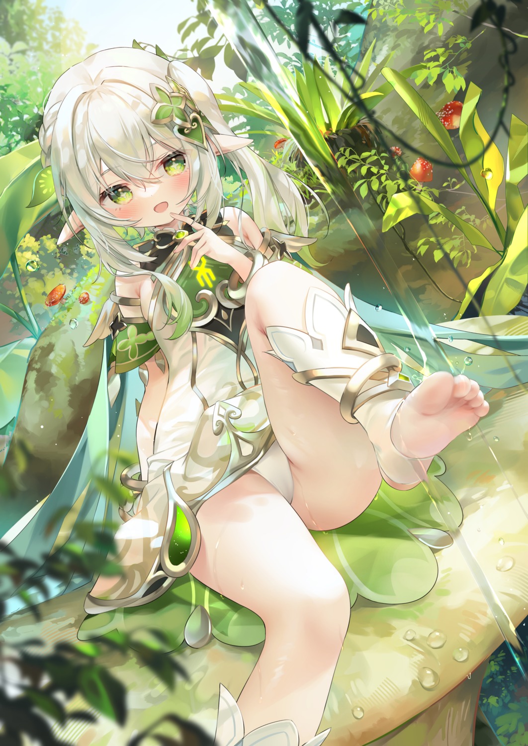 cameltoe chen_bin dress_shirt feet genshin_impact loli nahida pantsu pointy_ears skirt_lift wet