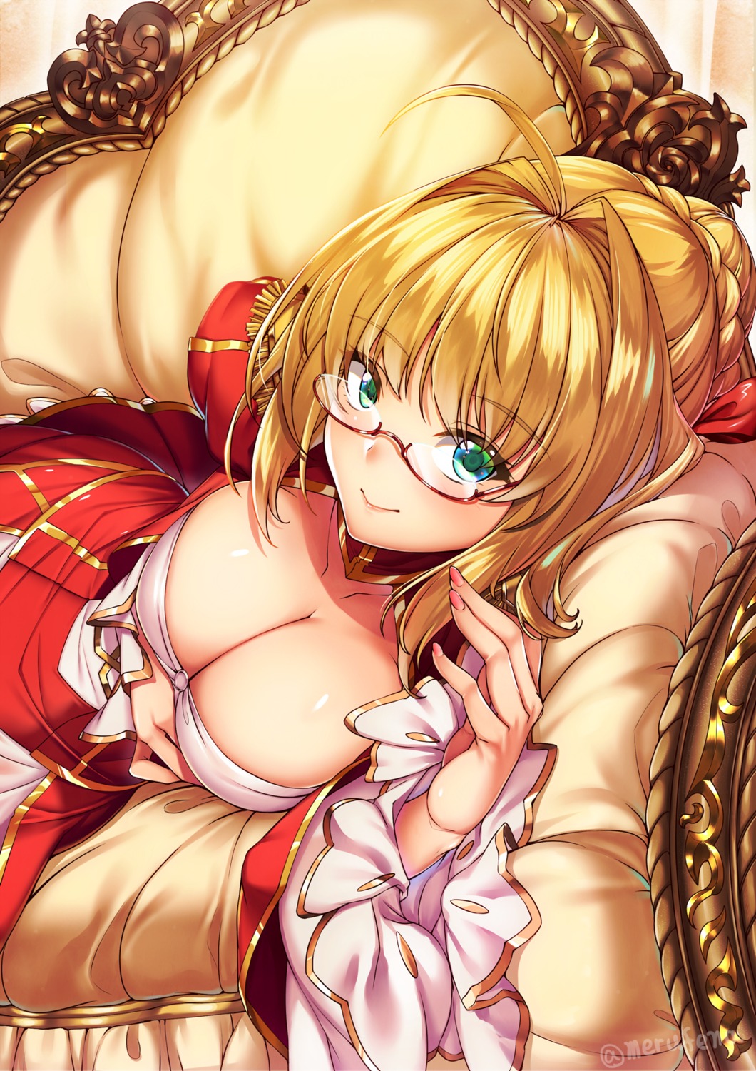 breast_hold cleavage dress fate/extra fate/stay_night megane merufena saber_extra