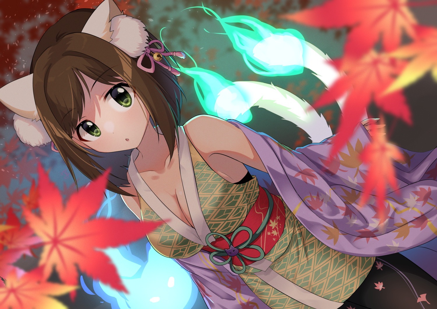 animal_ears cleavage japanese_clothes maekawa_miku nekomimi swepot tail the_idolm@ster the_idolm@ster_cinderella_girls