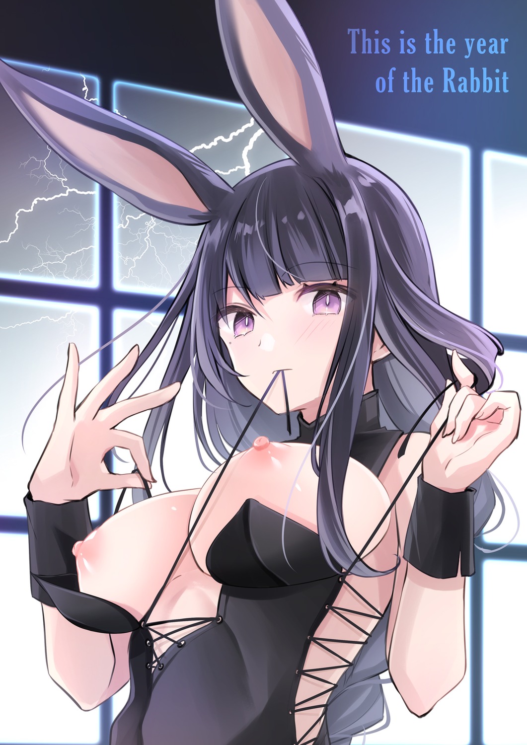 animal_ears breasts bunny_ears genshin_impact kurun_(pixiv14391386) nipples no_bra raiden_shogun undressing