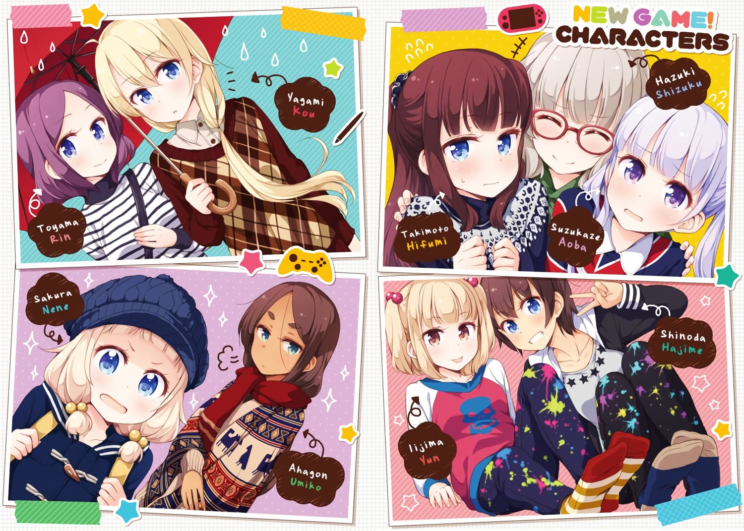 ahagon_umiko dress hazuki_shizuku iijima_yun megane new_game! sakura_nene shinoda_hajime suzukaze_aoba sweater takimoto_hifumi tokunou_shoutarou tooyama_rin umbrella yagami_kou