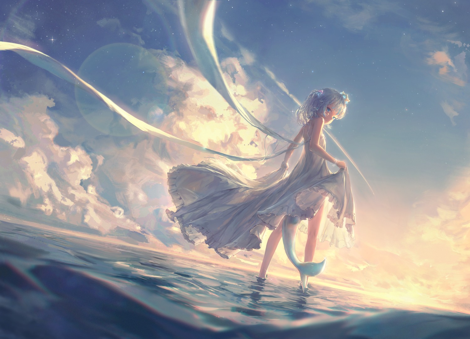 dinoartforame dress gawr_gura hololive hololive_english see_through skirt_lift summer_dress tail wet