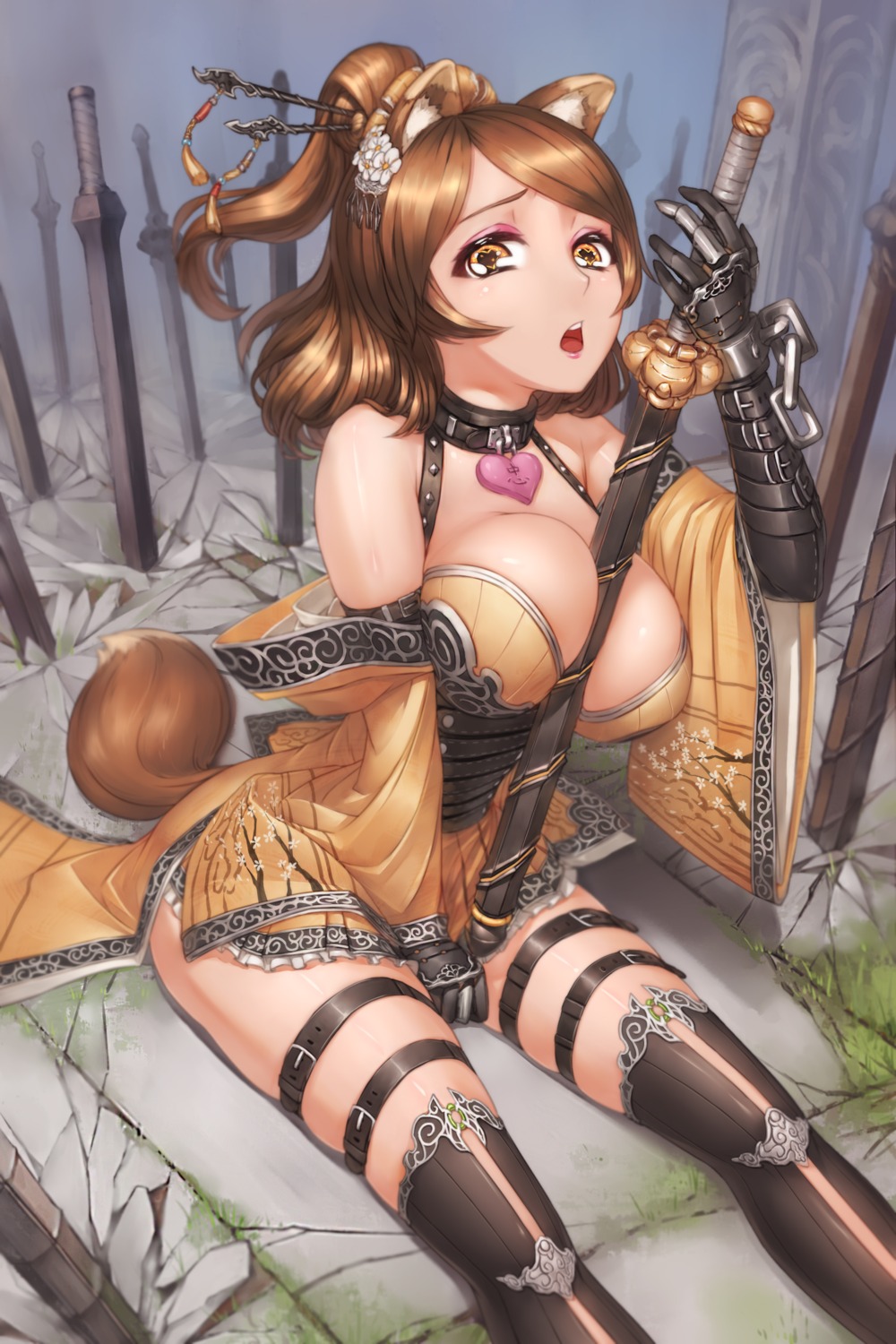 animal_ears cleavage garter romance_sangoku sword tail thighhighs tojoy_game