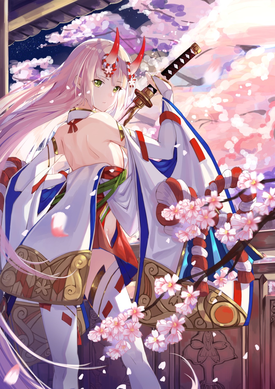 horns japanese_clothes no_bra shijiuqaq sword thighhighs