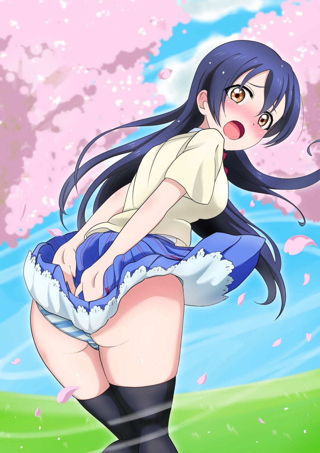 ass love_live! ofuchobetto_shirai pantsu seifuku shimapan skirt_lift sonoda_umi thighhighs