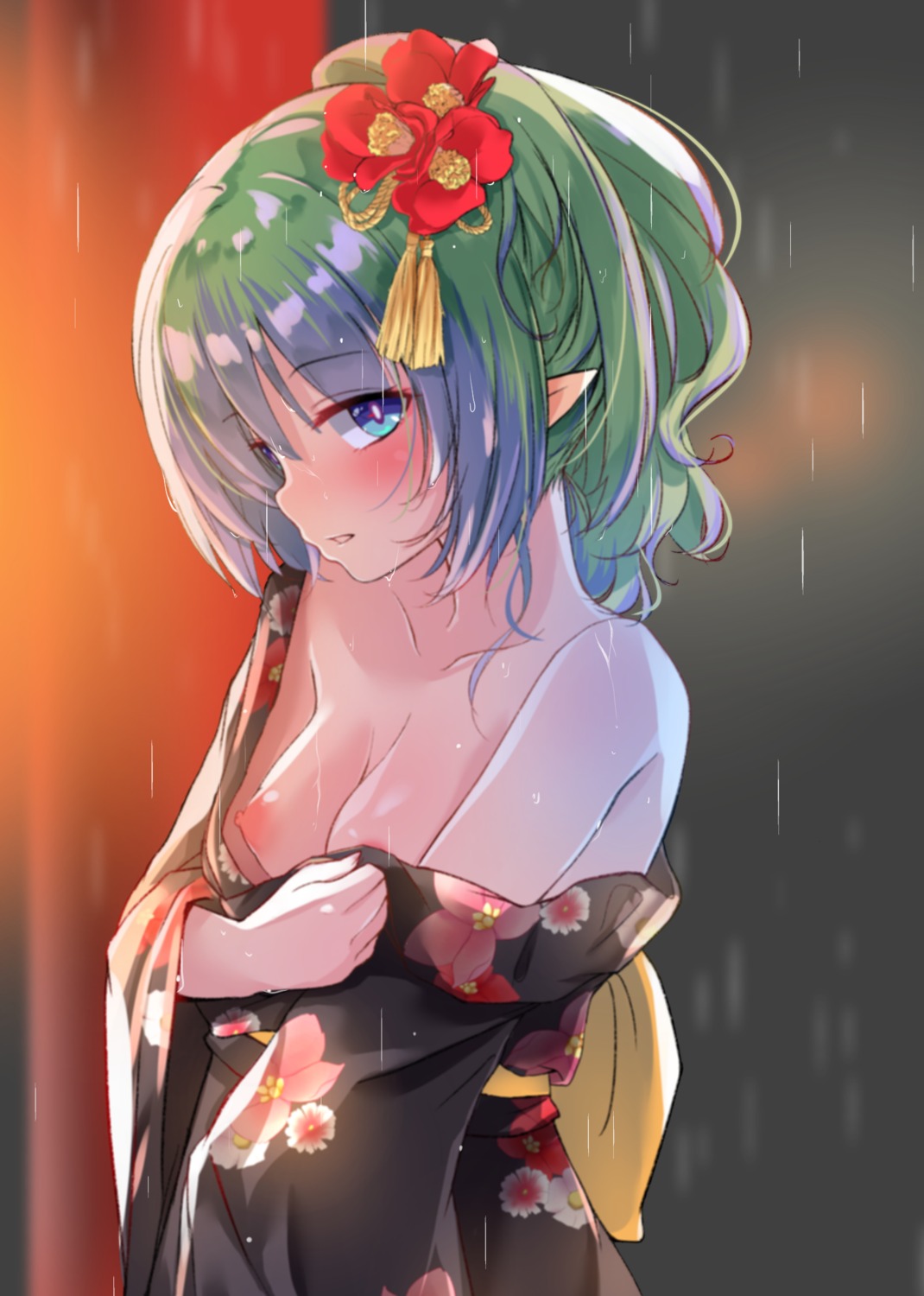 ames_(princess_connect) aono_(f_i_s) breasts nipples no_bra open_shirt pointy_ears princess_connect princess_connect!_re:dive undressing wet yukata