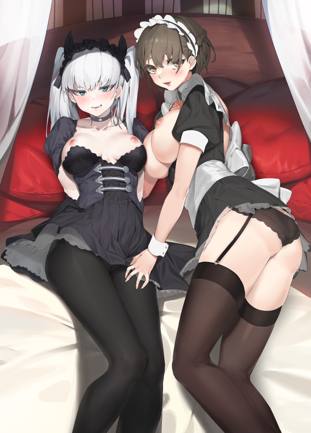 ass breasts jam_(nandade) maid nipples no_bra pantsu pantyhose skirt_lift stockings thighhighs thong