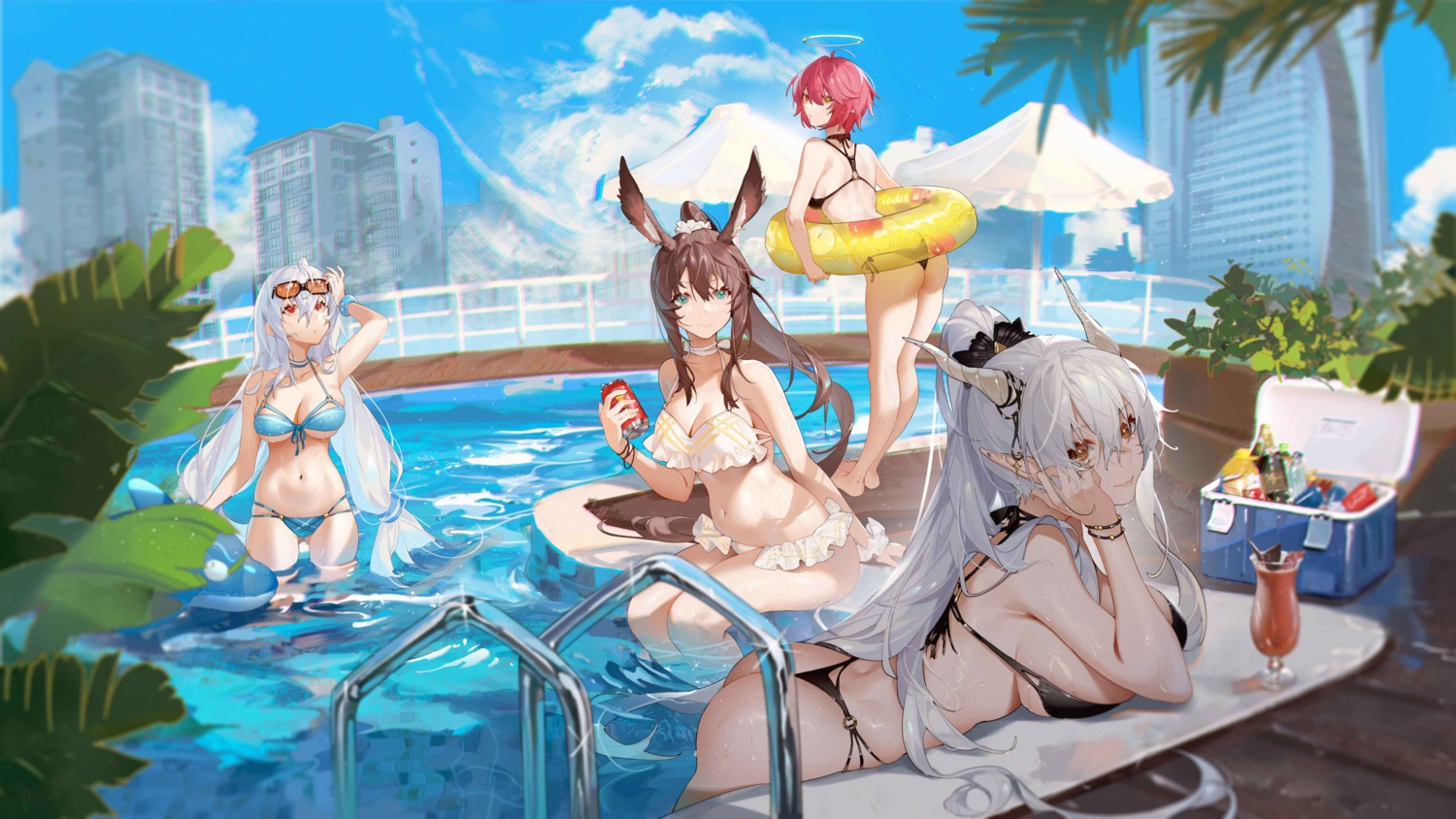 amiya_(arknights) animal_ears arknights ass bikini bunny_ears cleavage exusiai_(arknights) horns jpeg_artifacts koi_han megane pointy_ears shining_(arknights) skadi_(arknights) swimsuits thong wet