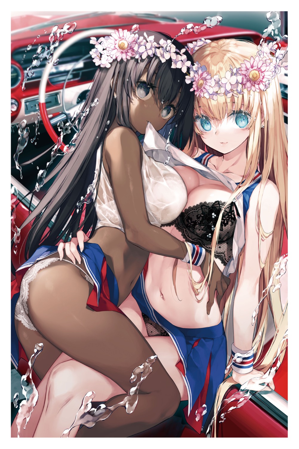 ass bra cheerleader pantsu satsuki_misuzu see_through shirt_lift skirt_lift symmetrical_docking wet_clothes