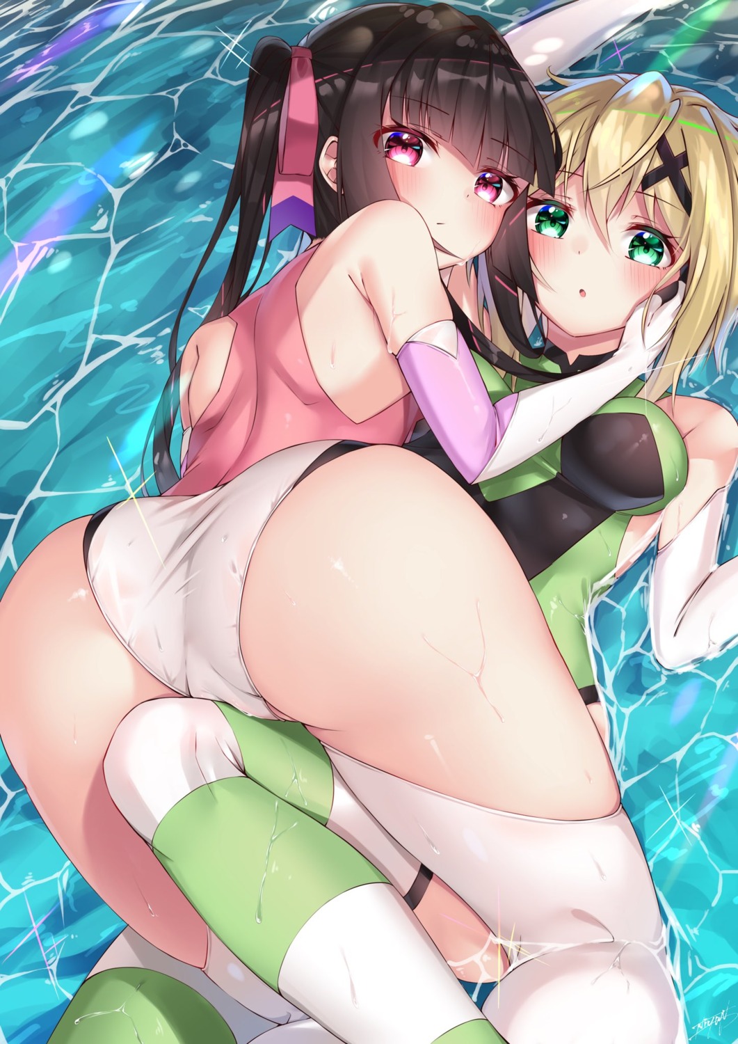 akatsuki_kirika ass cameltoe leotard niyun_(n_niyu) senki_zesshou_symphogear thighhighs tsukuyomi_shirabe wet wet_clothes yuri