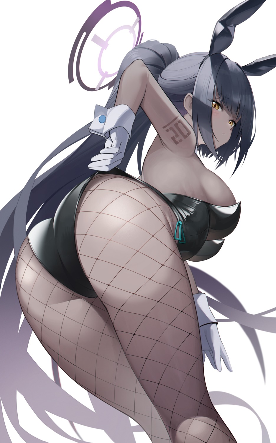 animal_ears ass blue_archive bunny_ears bunny_girl fishnets halo jsih kakudate_karin no_bra pantyhose tattoo