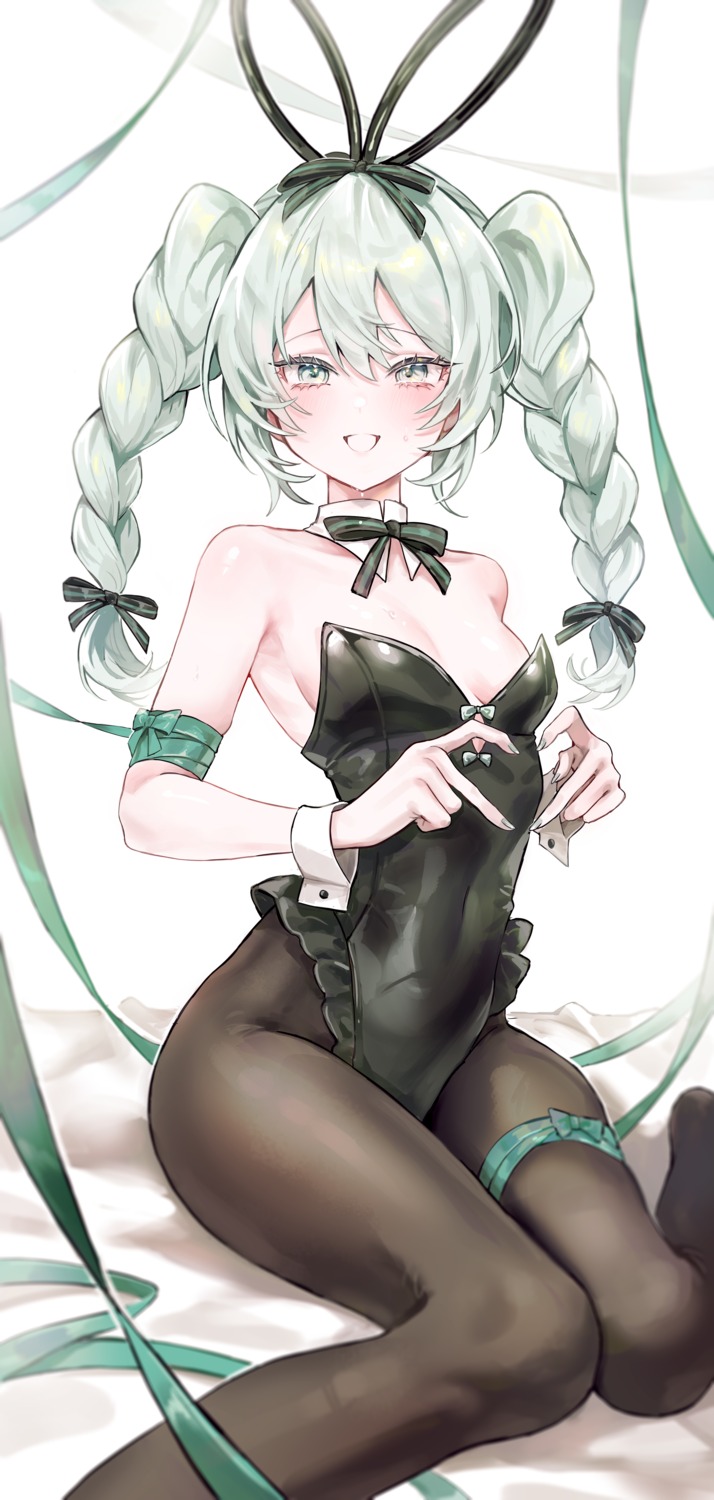 animal_ears bunny_ears bunny_girl garter hatsune_miku no_bra pantyhose someang vocaloid