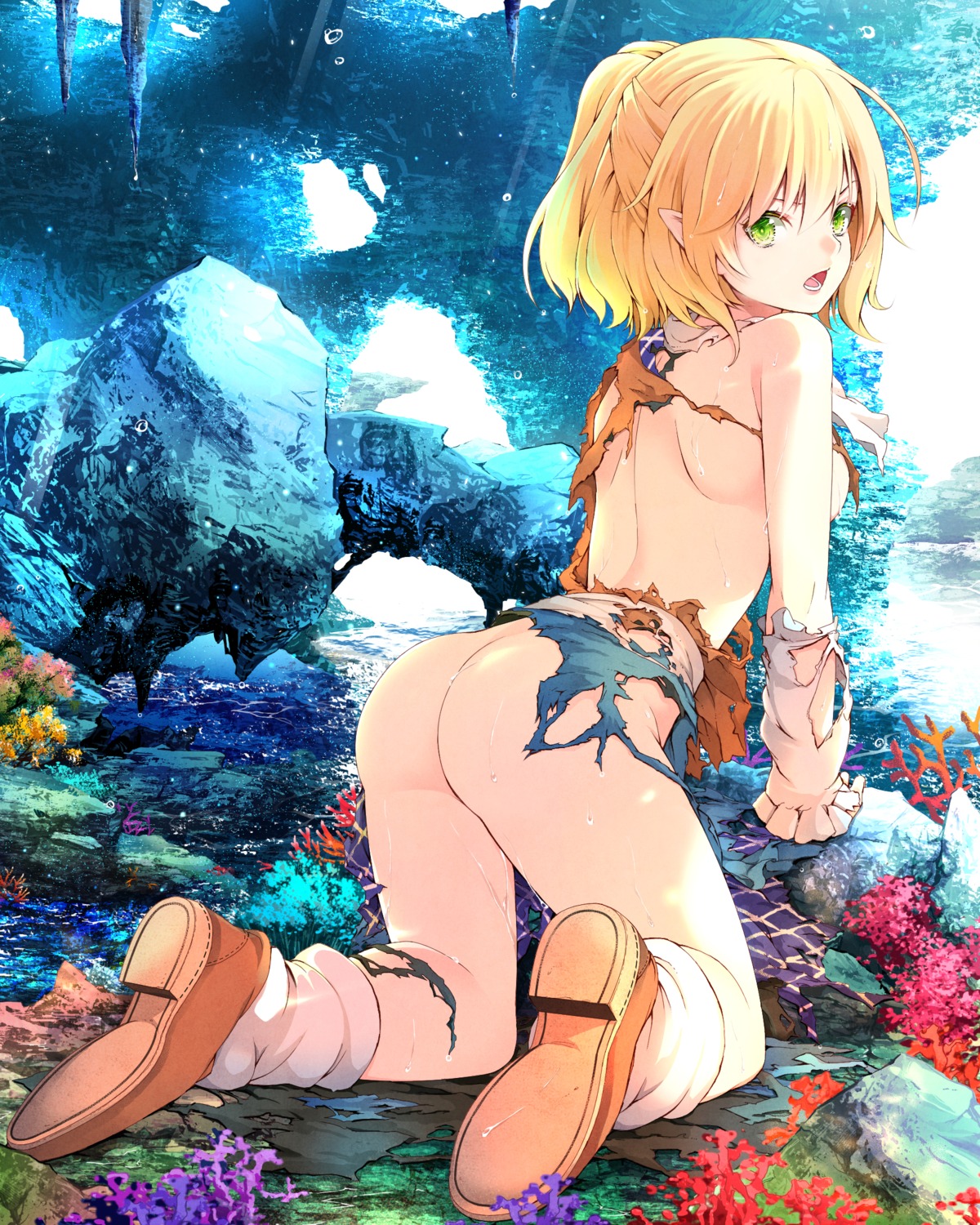 ass mikoma_sanagi mizuhashi_parsee no_bra nopan pointy_ears torn_clothes touhou wet