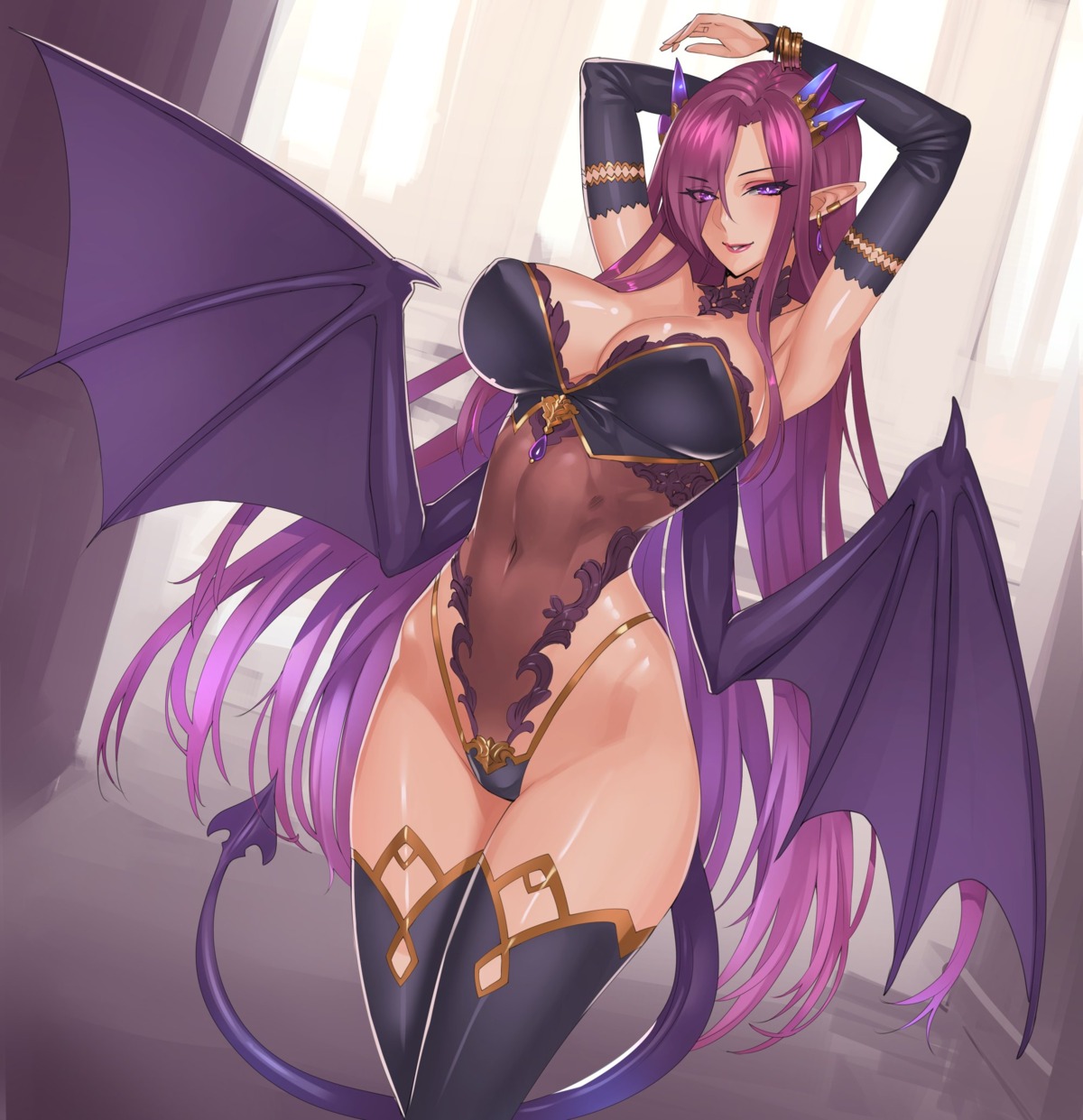 cleavage damegane erect_nipples leotard pantsu pointy_ears tail thighhighs wings