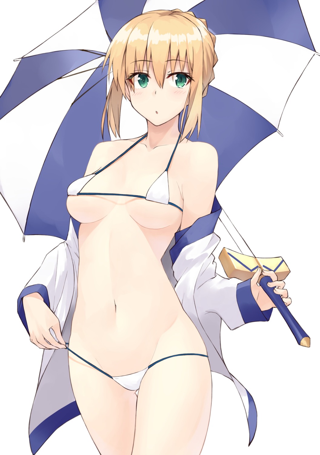 bikini erect_nipples fate/stay_night open_shirt panty_pull saber swimsuits syunichi umbrella