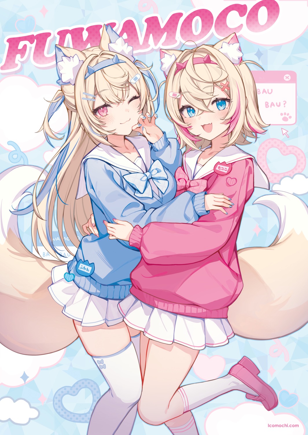 animal_ears bandaid fuwawa_abyssgard hololive hololive_english ikomochi inumimi mococo_abyssgard seifuku sweater tail thighhighs