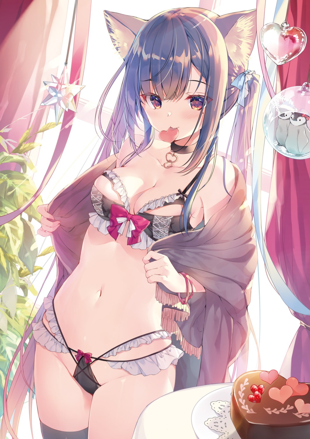 animal_ears bra lingerie miwabe_sakura pantsu thighhighs valentine