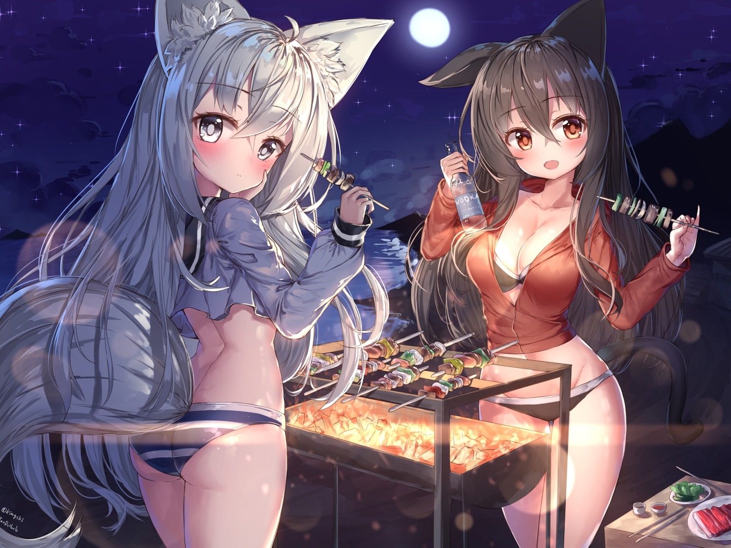 animal_ears ass bikini cleavage kitsune open_shirt seifuku swimsuits tail tandozzing