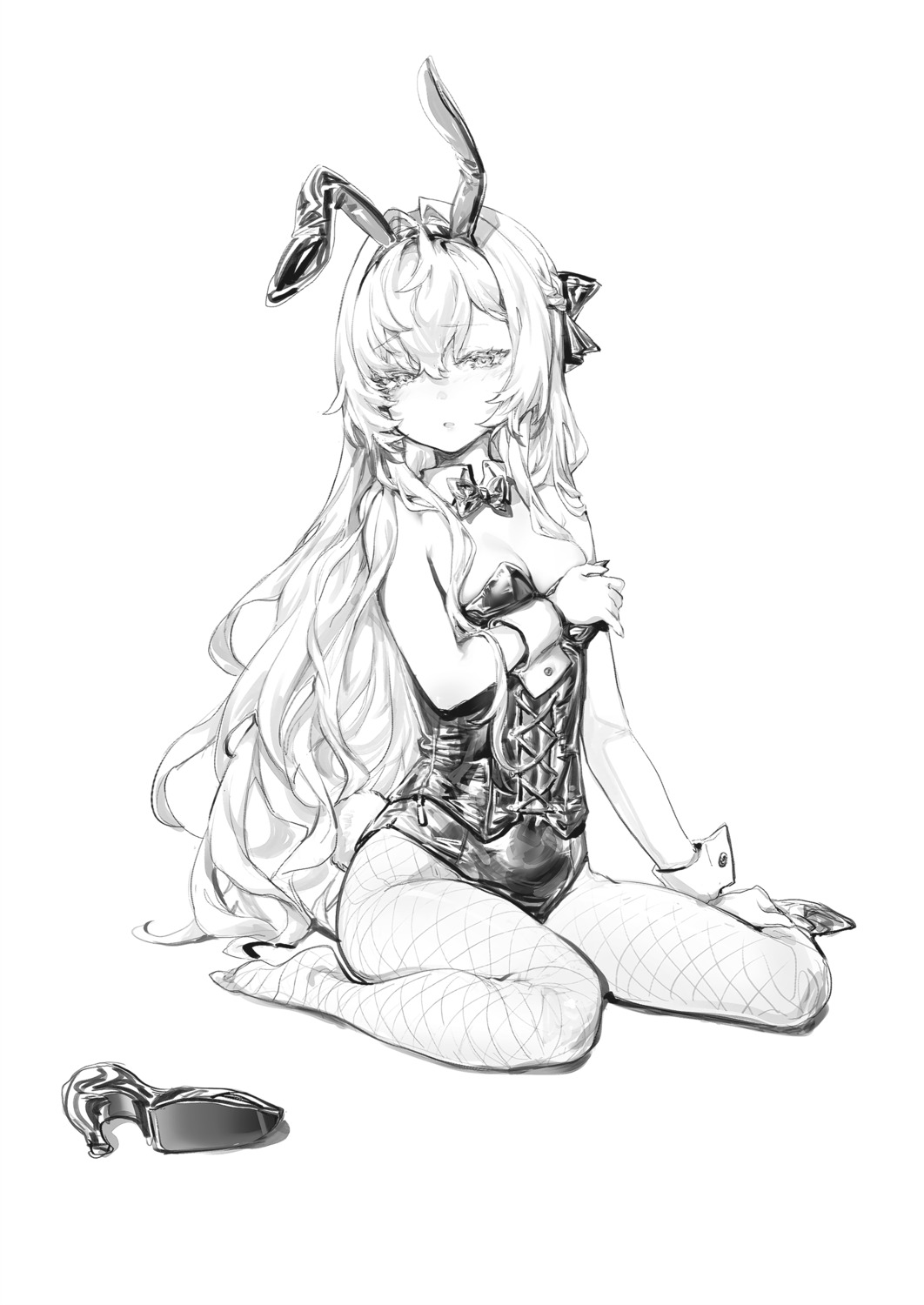 animal_ears breast_hold bunny_ears bunny_girl cleavage fishnets leon_v monochrome no_bra pantyhose sketch tail
