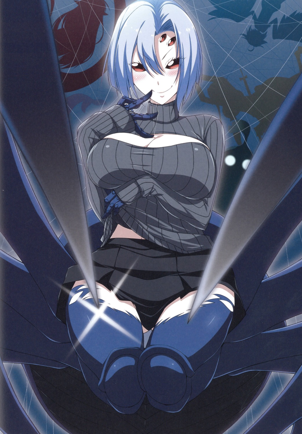 breast_hold cleavage miyashiro_sousuke monster_girl monster_musume_no_iru_nichijou rachnera_arachnera skirt_lift sweater