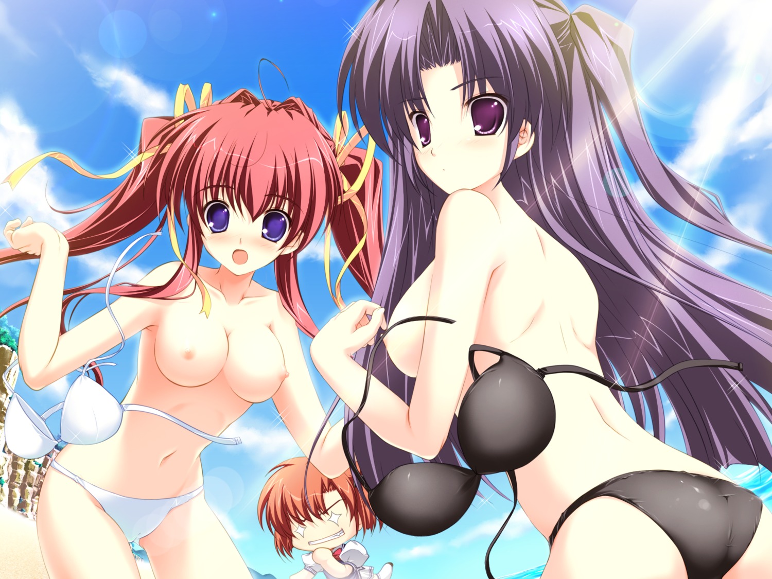 asakura_nanao bikini game_cg hagiwara_tomoe lyrical_ds lyrical_lyric mikeou nipples swimsuits takami_rin topless wardrobe_malfunction