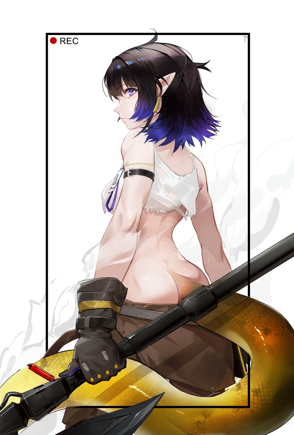 arknights ass eunectes_(arknights) no_bra nopan pointy_ears see_through tagme tail torn_clothes weapon