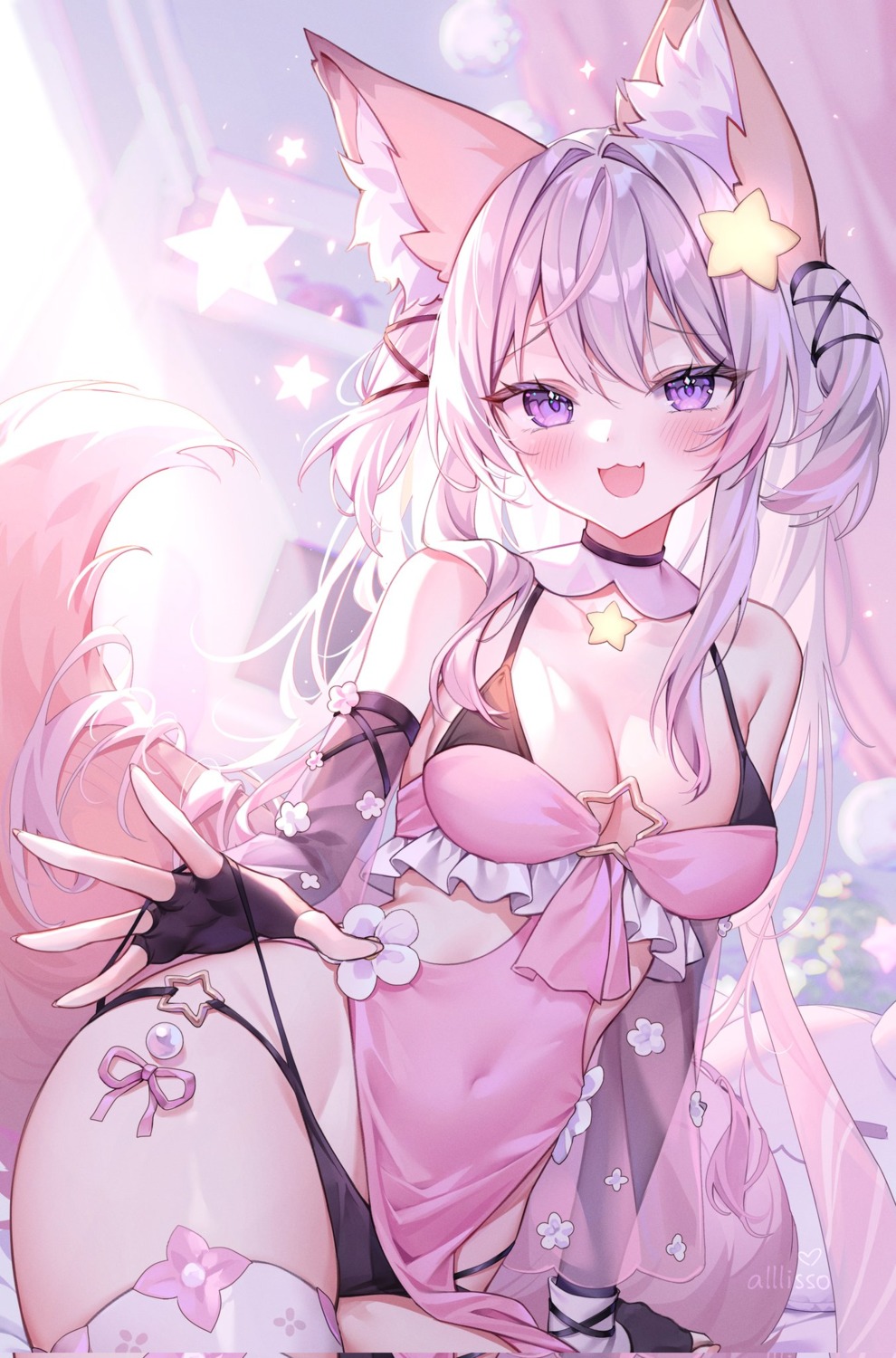 alllisso animal_ears annytf bra indie_virtual_youtuber kitsune pantsu see_through tail thighhighs undressing