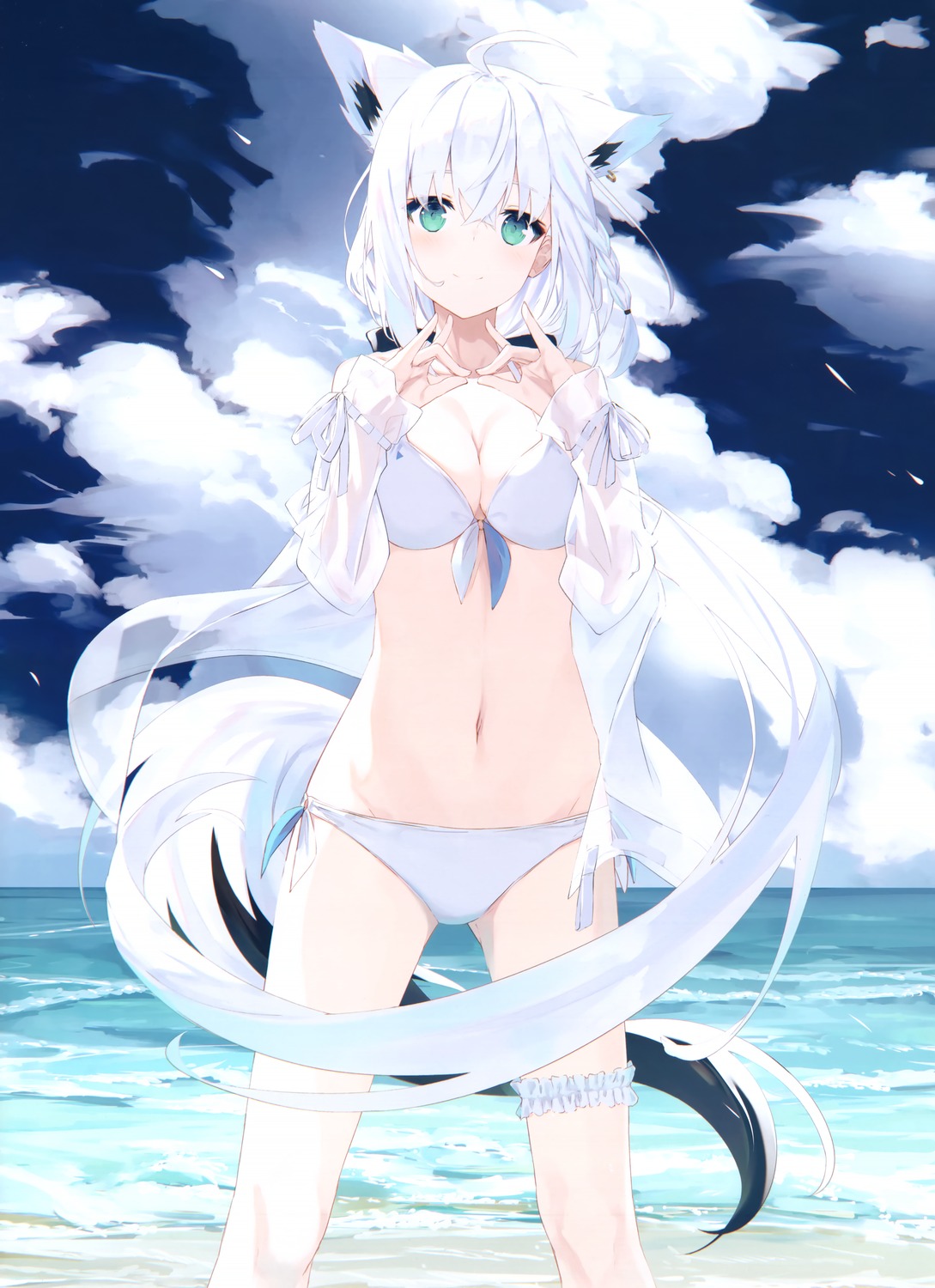 animal_ears bikini cleavage garter hololive hololive_gamers kitsune nagishiro_mito open_shirt possible_duplicate see_through shirakami_fubuki swimsuits tail