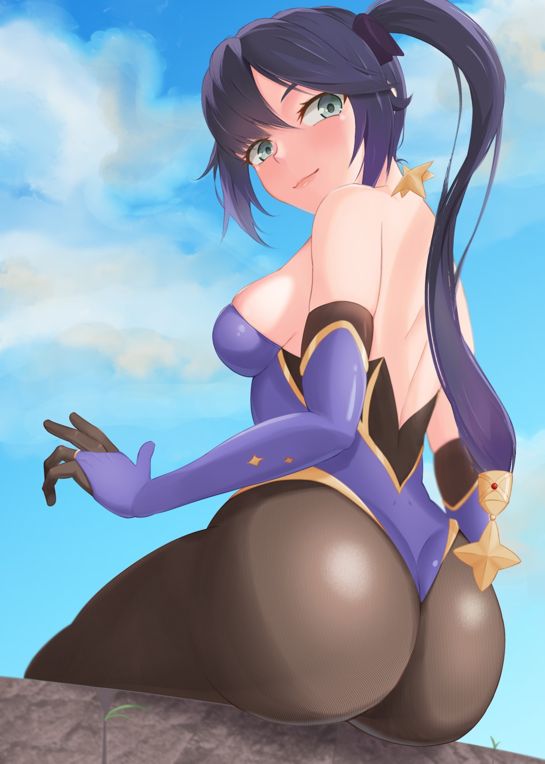 a_oapixiv ass genshin_impact leotard mona_megistus no_bra pantyhose