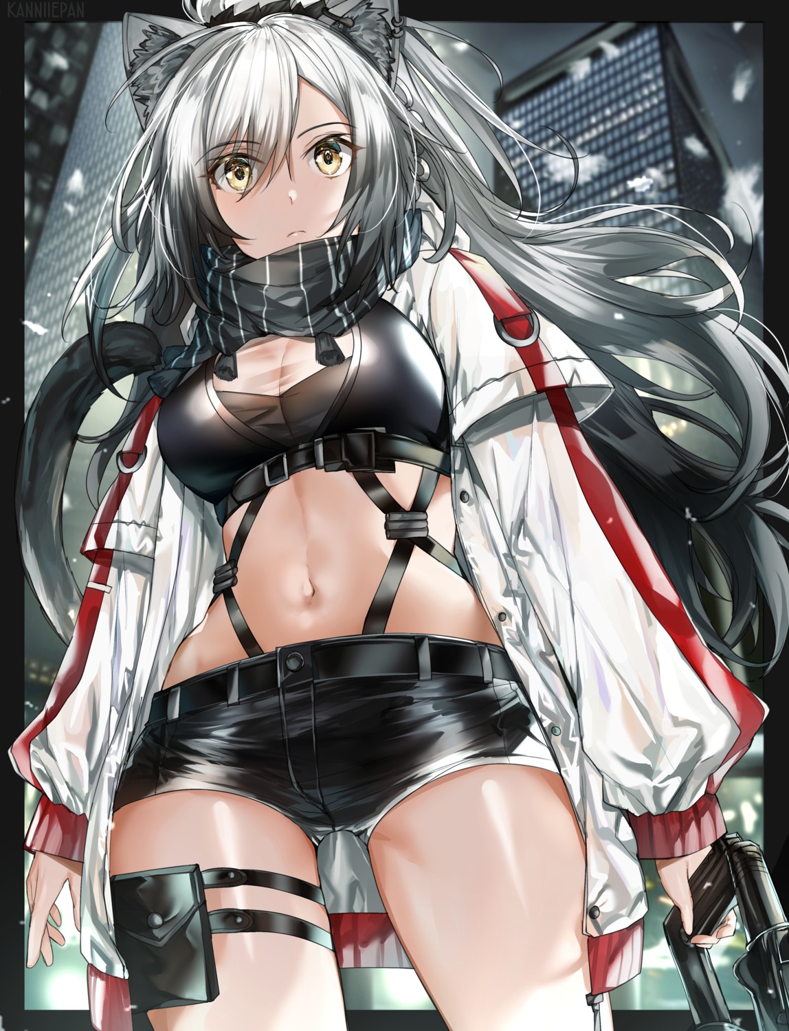 animal_ears arknights cleavage garter gun kanniiepan schwarz_(arknights) see_through tail