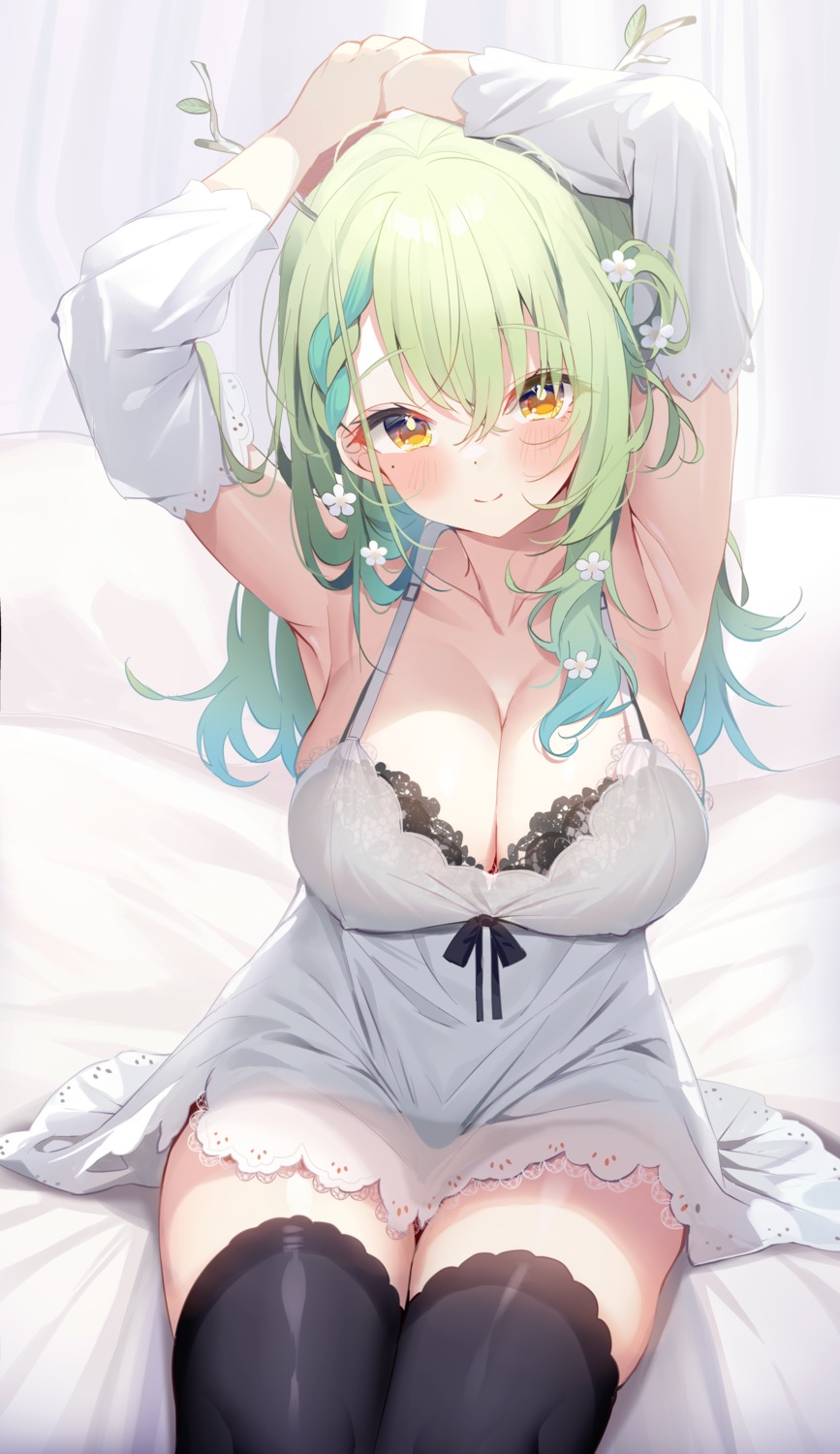 bra ceres_fauna deyui erect_nipples hololive hololive_english horns lingerie pantsu see_through thighhighs