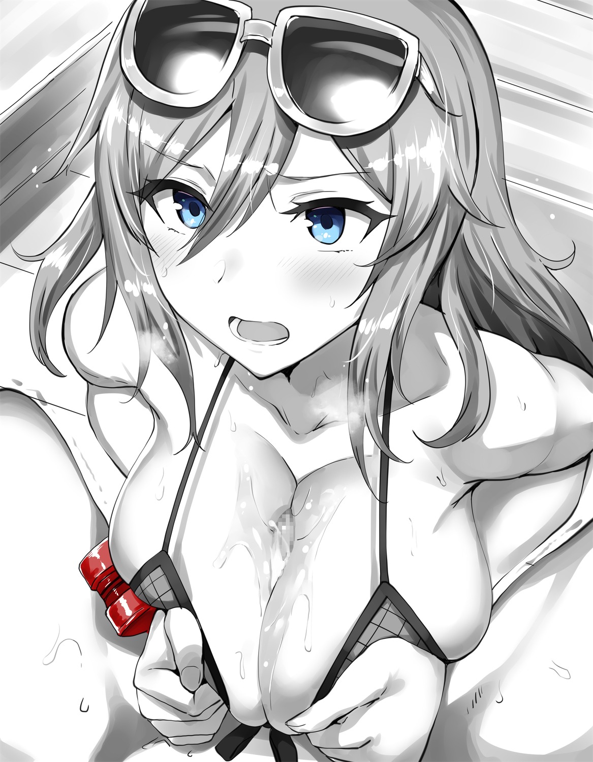 arisa_iriinchina_amieera belko bikini_top breast_hold censored cum god_eater megane monochrome paizuri penis swimsuits