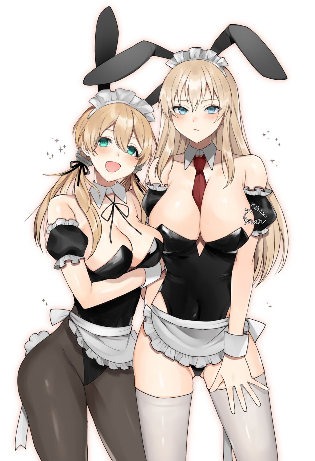 animal_ears bismarck_(kancolle) bunny_ears bunny_girl kantai_collection maid no_bra pantyhose prinz_eugen_(kancolle) tail thighhighs toriniku_senshi_chikinman