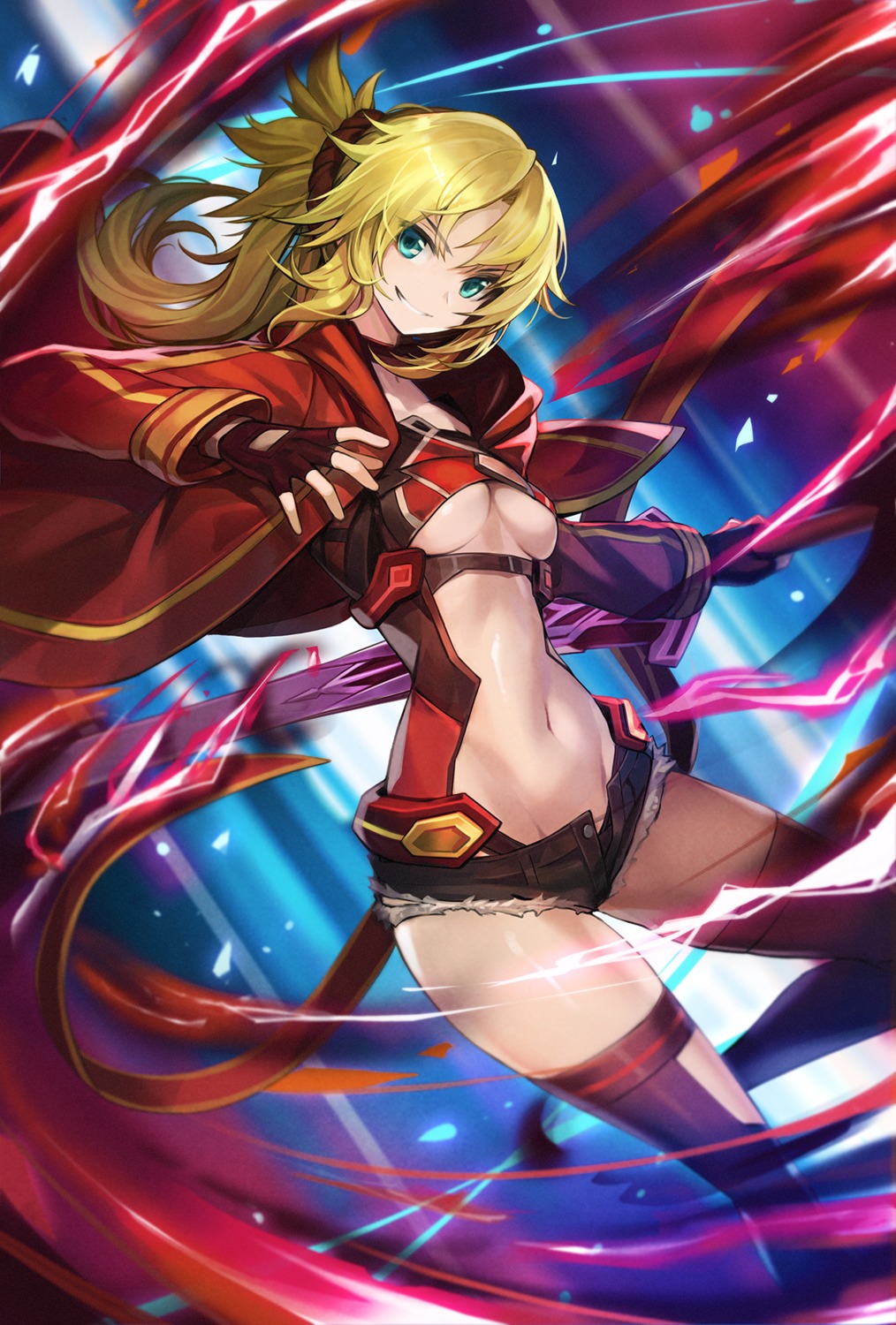 fate/grand_order goomrrat mordred_(fate) no_bra open_shirt thighhighs